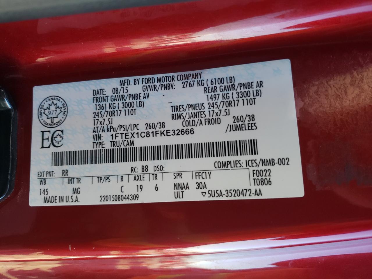 Photo 10 from auction – 2015 FORD F150 SUPER with VIN 1FTEX1C81FKE32666