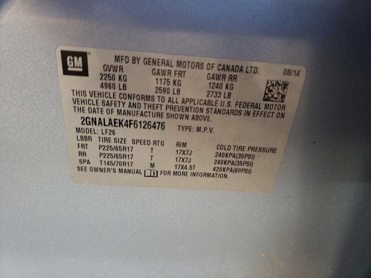 Photo 10 from auction – 2015 CHEVROLET EQUINOX LS with VIN 2GNALAEK4F6126476