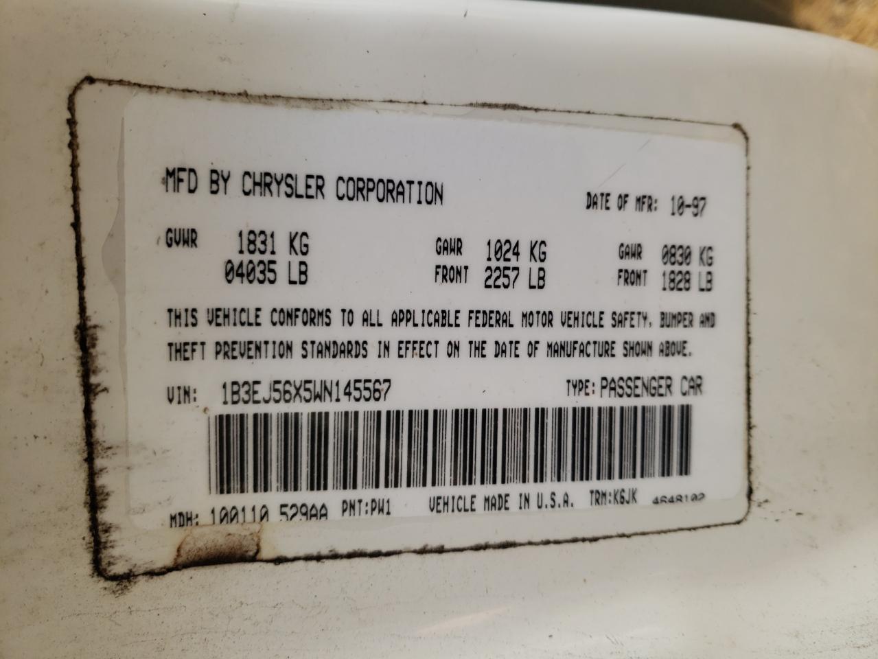 Photo 10 from auction – 1998 DODGE STRATUS with VIN 1B3EJ56X5WN145567