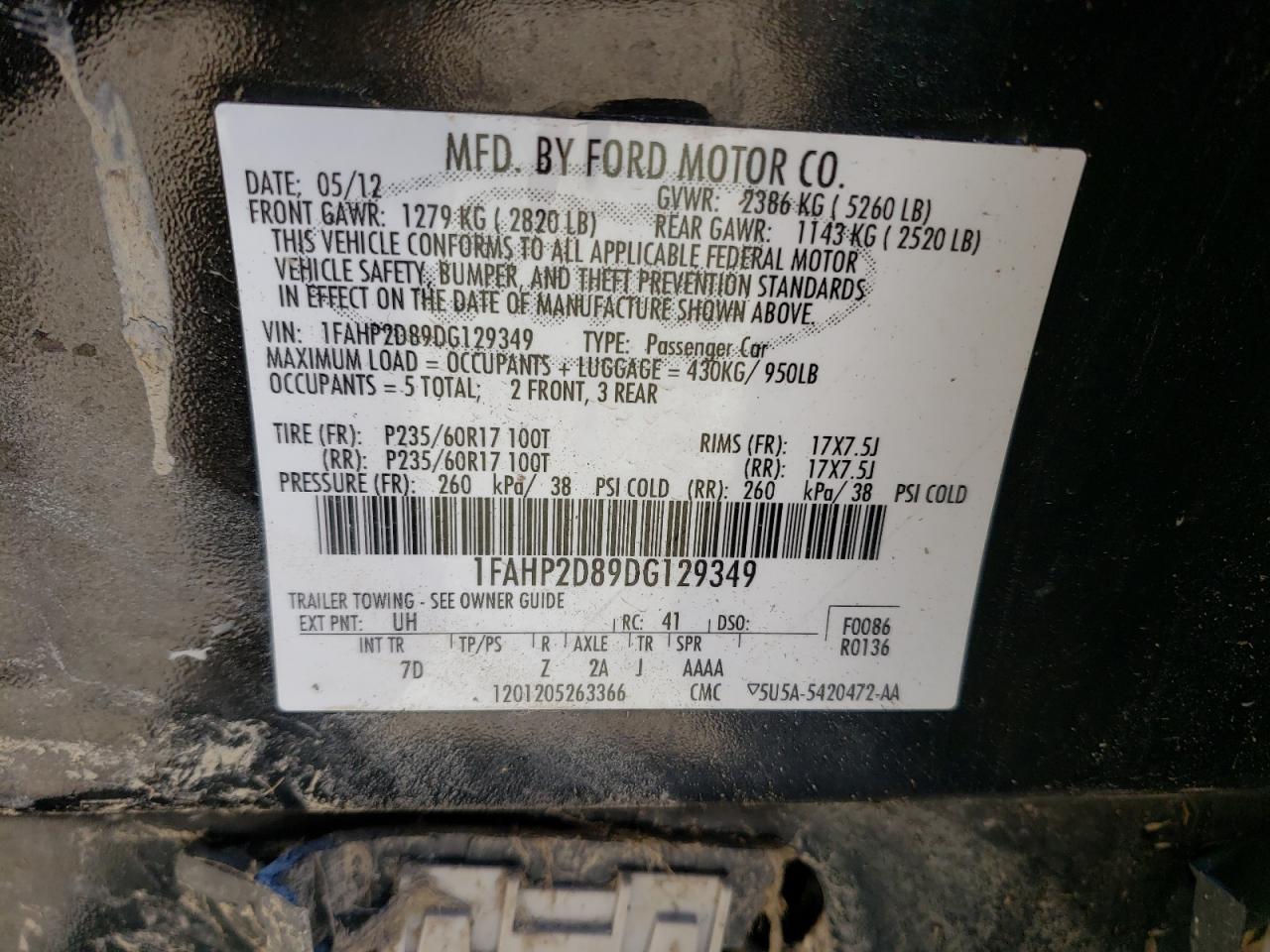 Photo 10 from auction – 2013 FORD TAURUS SE with VIN 1FAHP2D89DG129349