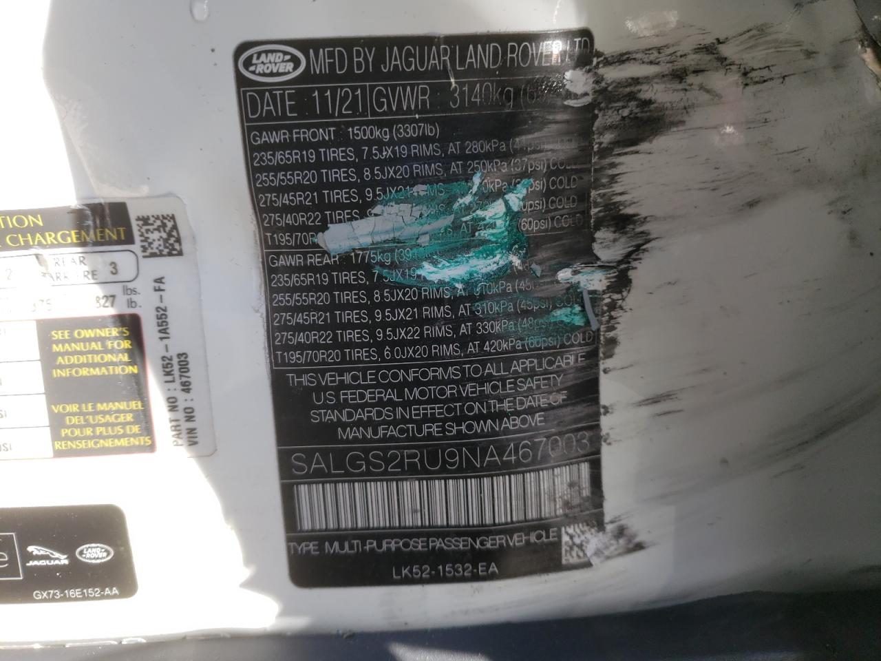 Photo 10 from auction – 2022 LAND ROVER RANGE ROVE with VIN SALGS2RU9NA467003