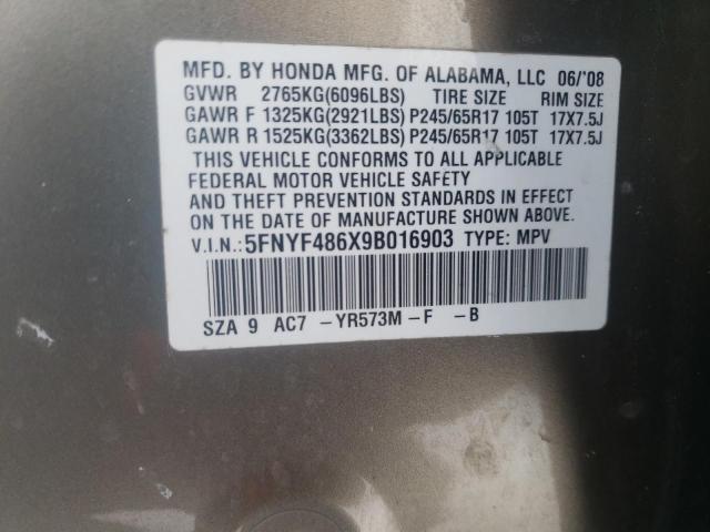 Photo 10 from auction – 2009 HONDA PILOT EXL with VIN 5FNYF486X9B016903