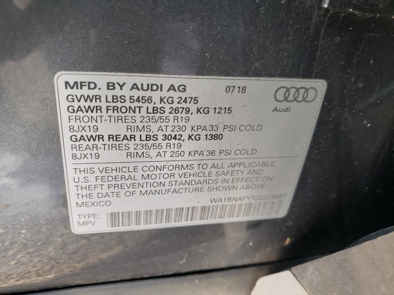 Photo 10 from auction – 2018 AUDI Q5 PREMIUM with VIN WA1BNAFY7J2224587