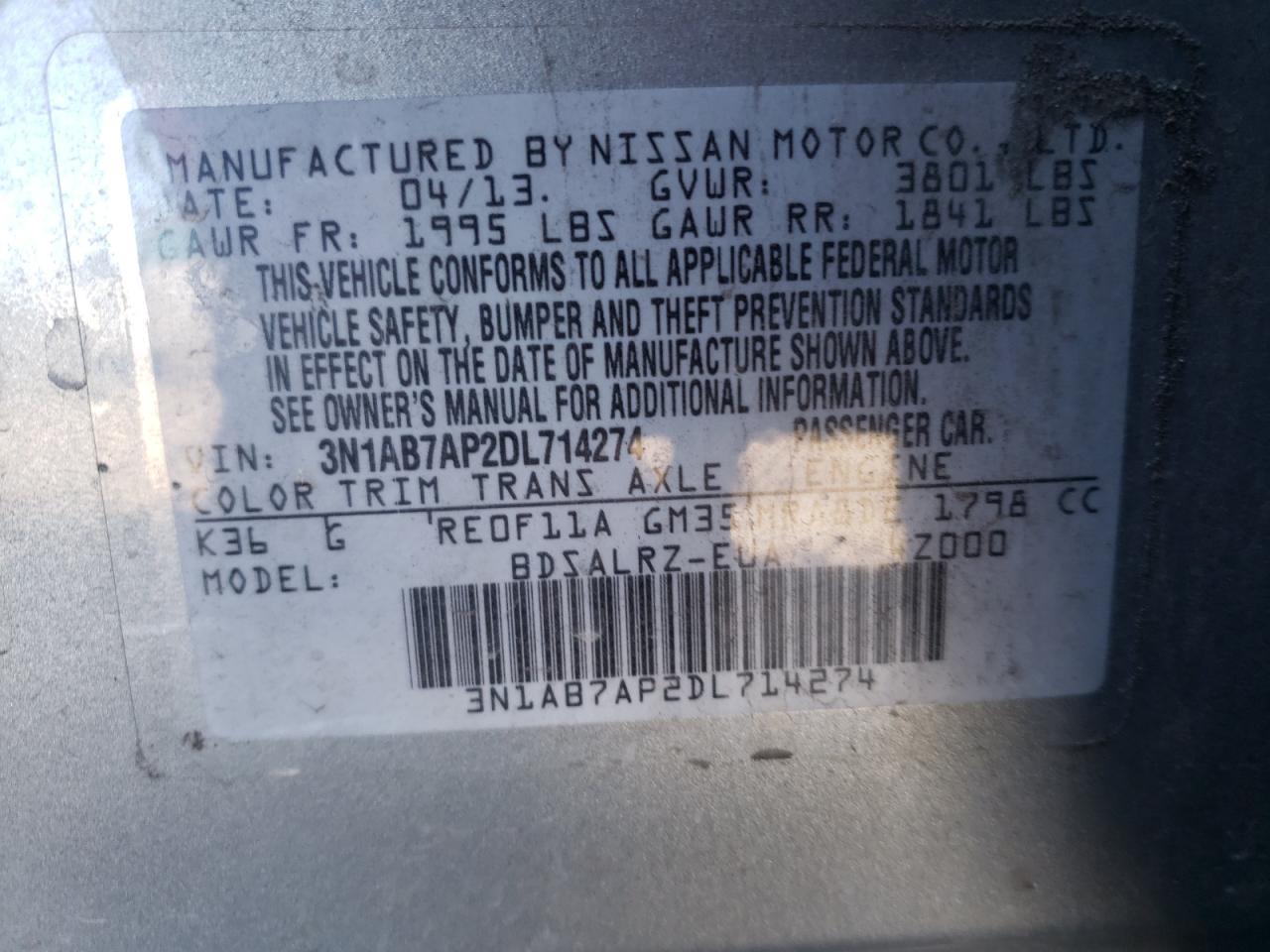 Photo 11 from auction – 2013 NISSAN SENTRA S with VIN 3N1AB7AP2DL714274