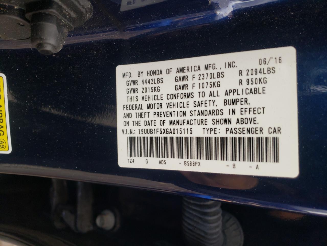 Photo 10 from auction – 2016 ACURA TLX TECH with VIN 19UUB1F5XGA015115
