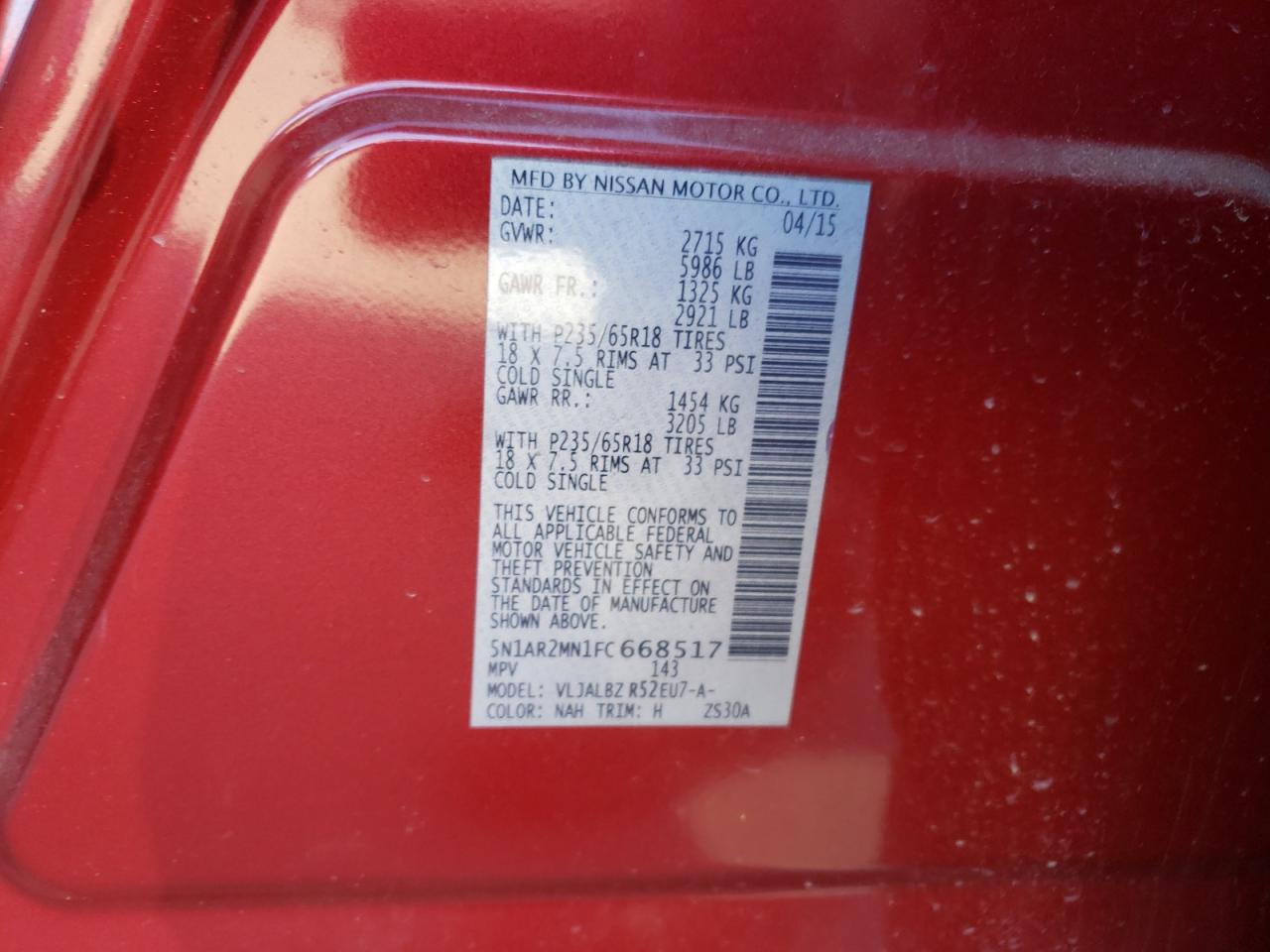 Photo 10 from auction – 2015 NISSAN PATHFINDER with VIN 5N1AR2MN1FC668517