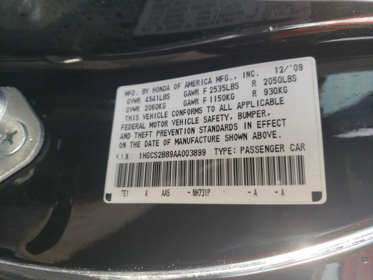 Photo 10 from auction – 2010 HONDA ACCORD EXL with VIN 1HGCS2B89AA003899