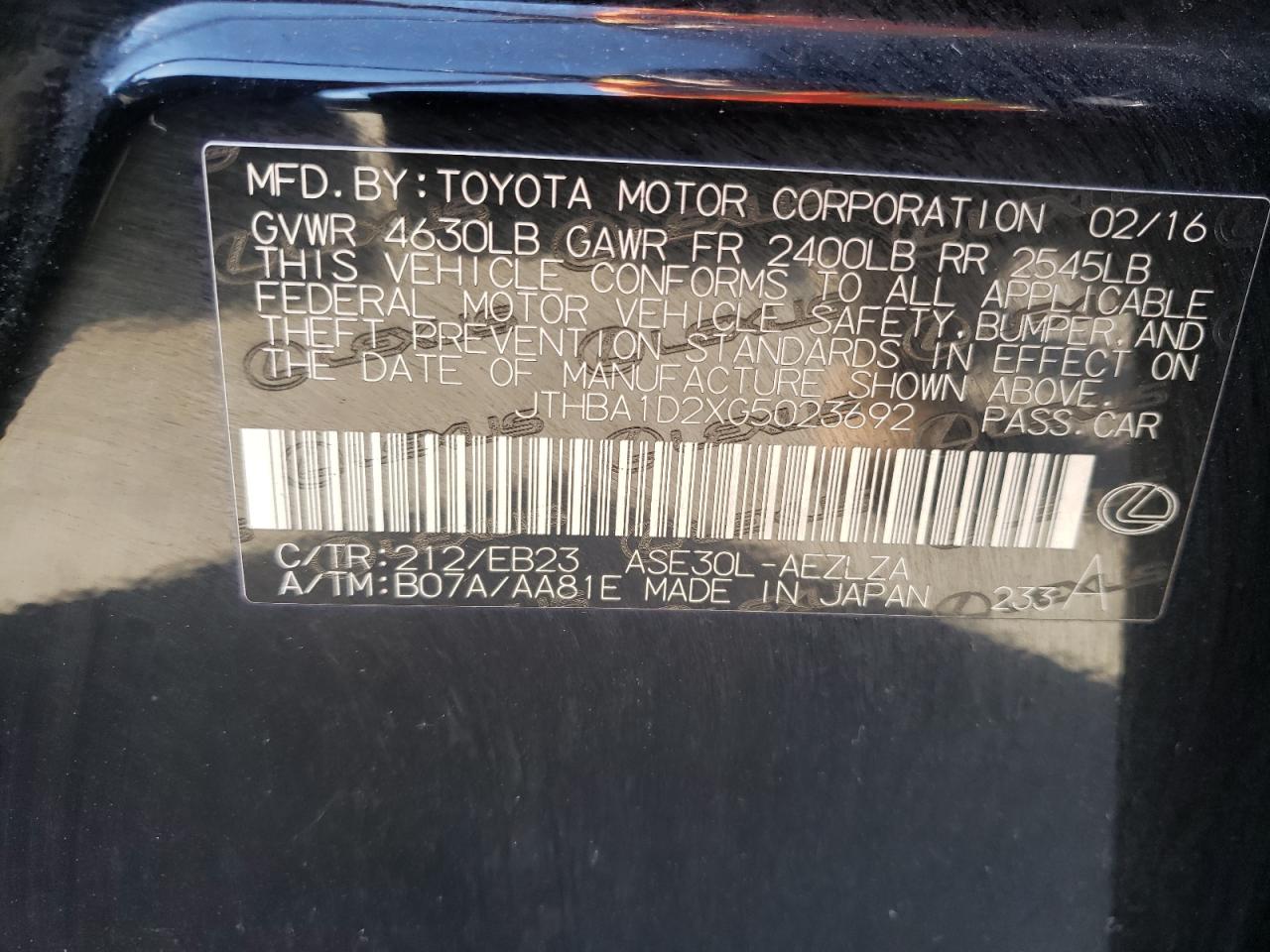 Photo 10 from auction – 2016 LEXUS IS 200T with VIN JTHBA1D2XG5023692
