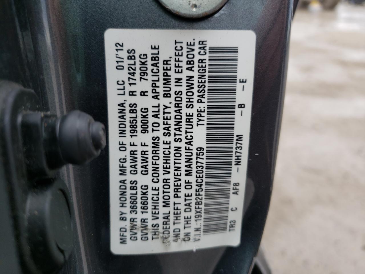 Photo 10 from auction – 2012 HONDA CIVIC LX with VIN 19XFB2F54CE037759