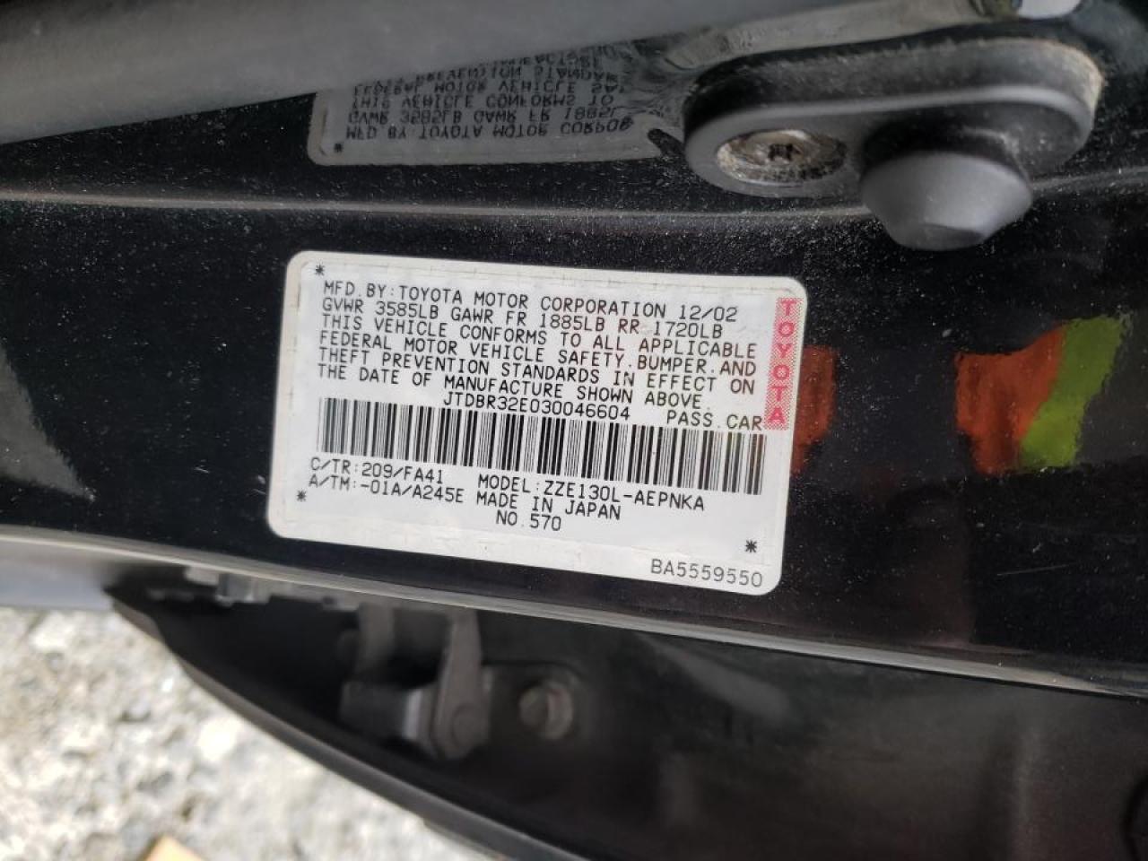 Foto 10 de la subasta – 2003 TOYOTA COROLLA CE con VIN JTDBR32E030046604