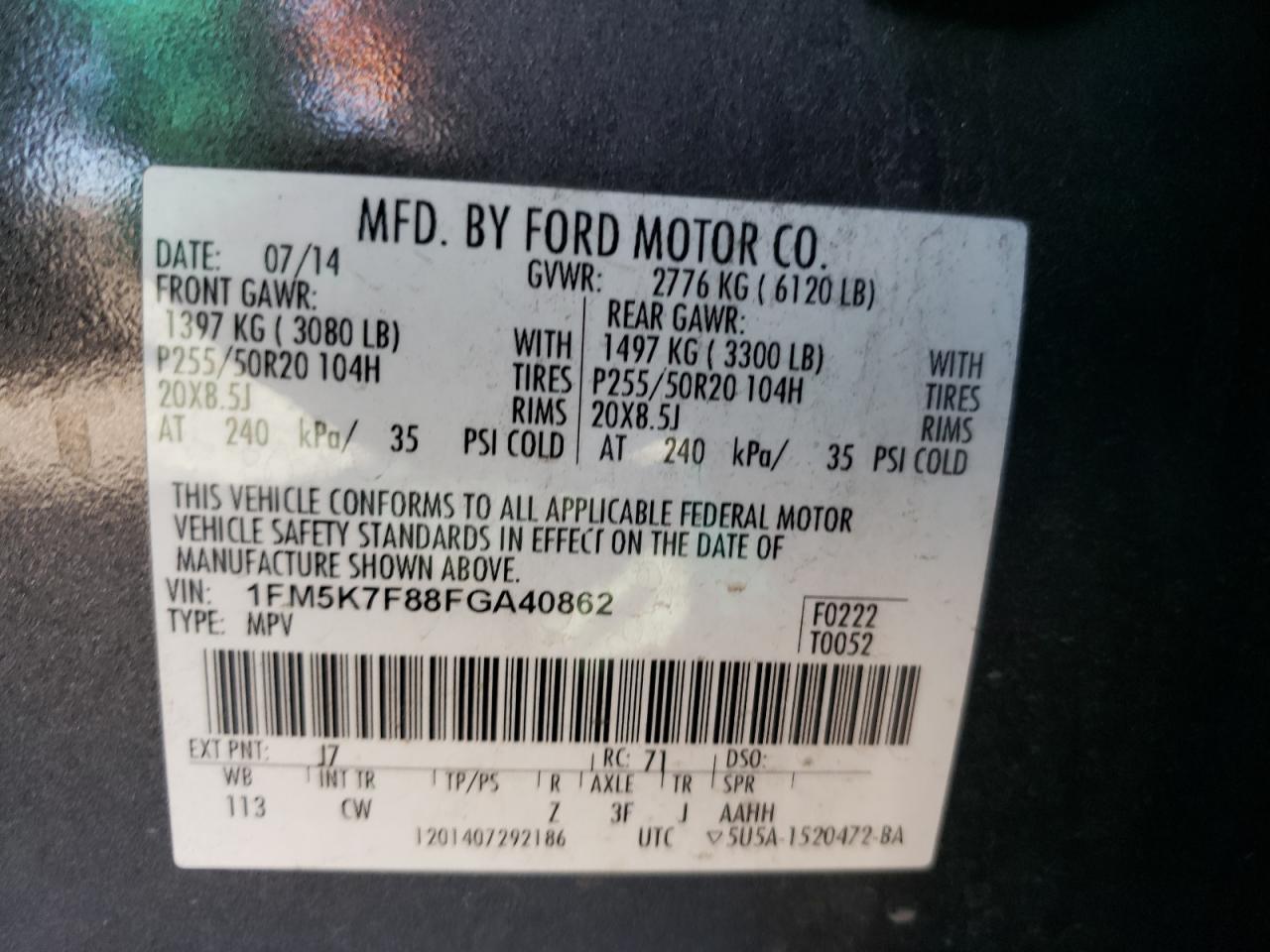 Photo 10 from auction – 2015 FORD EXPLORER L with VIN 1FM5K7F88FGA40862