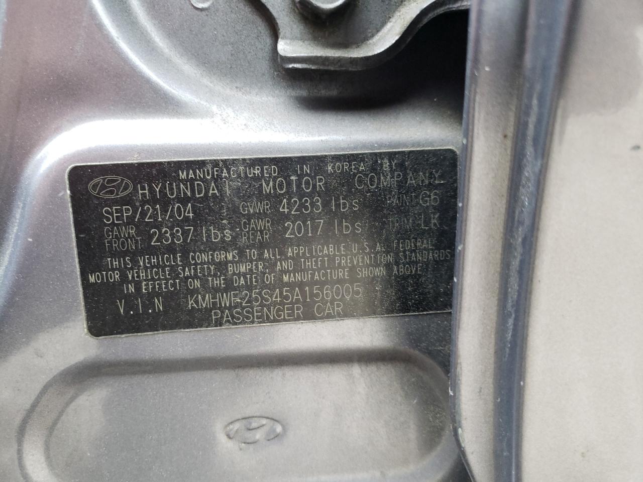 Photo 10 from auction – 2005 HYUNDAI SONATA with VIN KMHWF25S45A156005