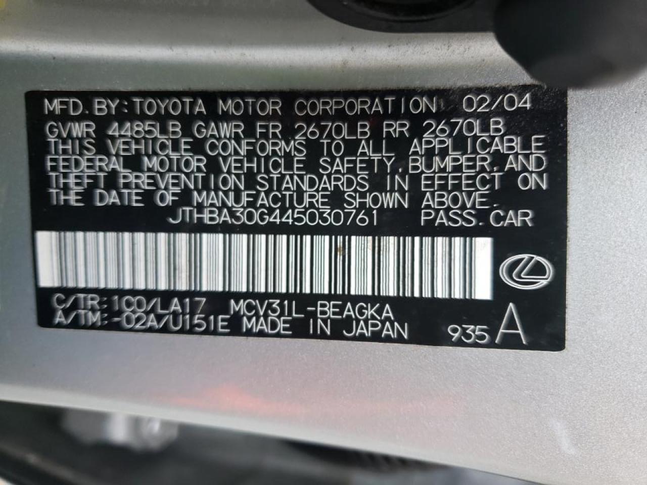 Photo 10 from auction – 2004 LEXUS ES 330 with VIN JTHBA30G445030761