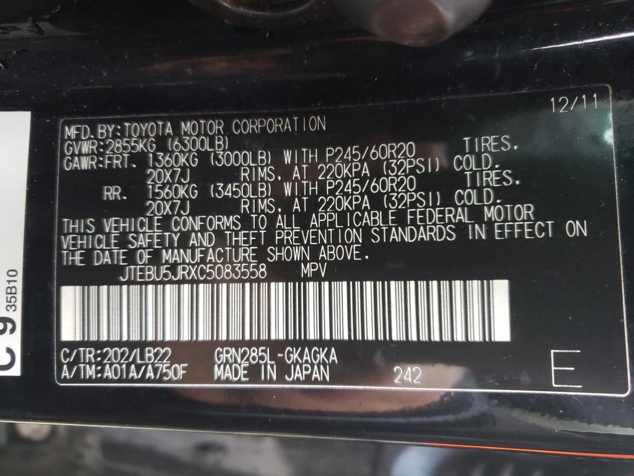 Photo 10 from auction – 2012 TOYOTA 4RUNNER SR with VIN JTEBU5JRXC5083558