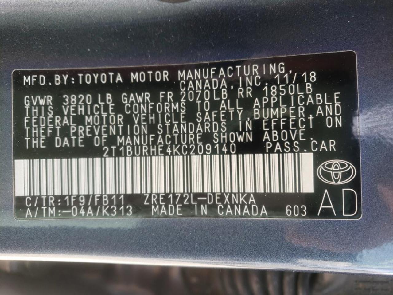 Photo 10 from auction – 2019 TOYOTA COROLLA L with VIN 2T1BURHE4KC209140