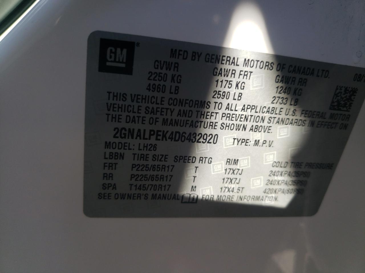 Photo 10 from auction – 2013 CHEVROLET EQUINOX LT with VIN 2GNALPEK4D6432920