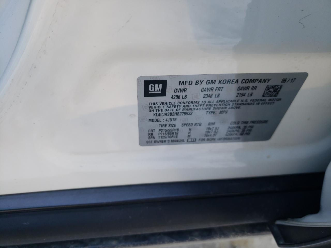 Photo 10 from auction – 2017 BUICK ENCORE PRE with VIN KL4CJASB2HB228932