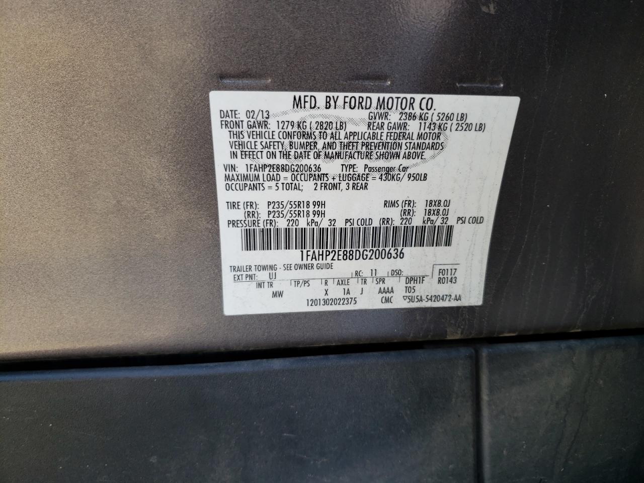 Photo 10 from auction – 2013 FORD TAURUS SEL with VIN 1FAHP2E88DG200636