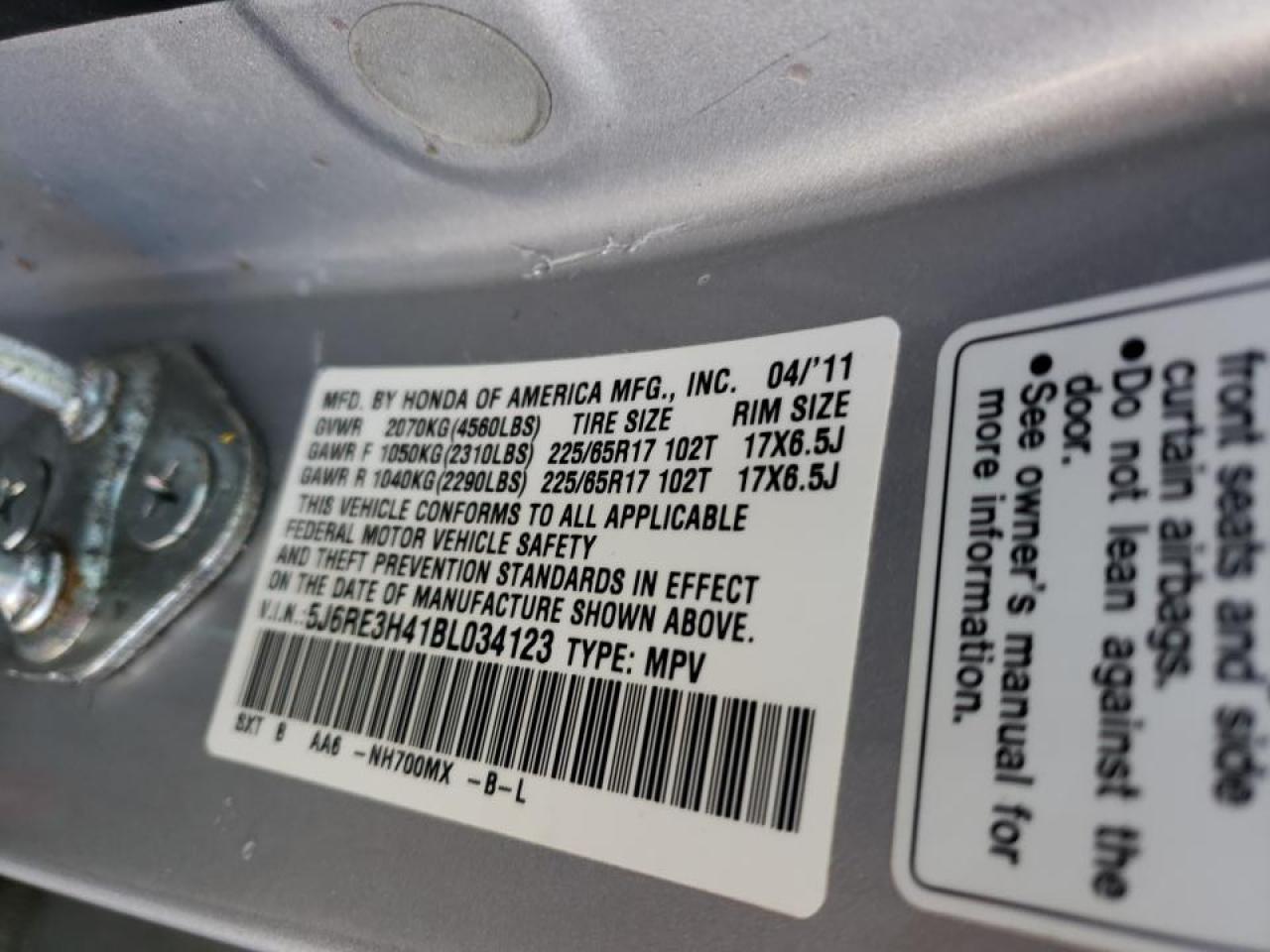Photo 10 from auction – 2011 HONDA CR-V SE with VIN 5J6RE3H41BL034123