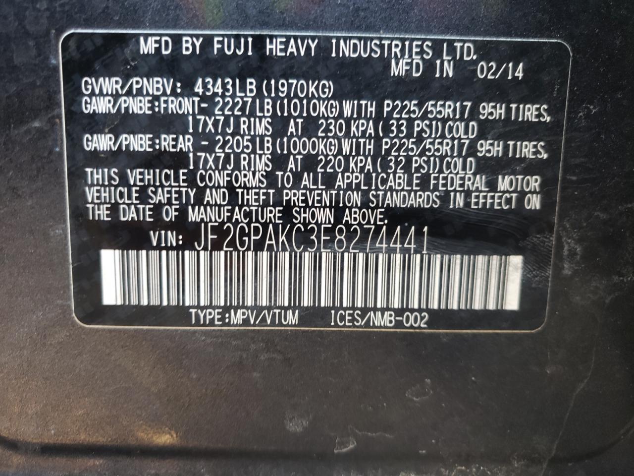 Photo 10 from auction – 2014 SUBARU XV CROSSTR with VIN JF2GPAKC3E8274441