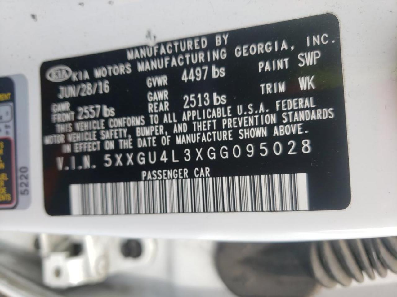 Photo 10 from auction – 2016 KIA OPTIMA EX with VIN 5XXGU4L3XGG095028