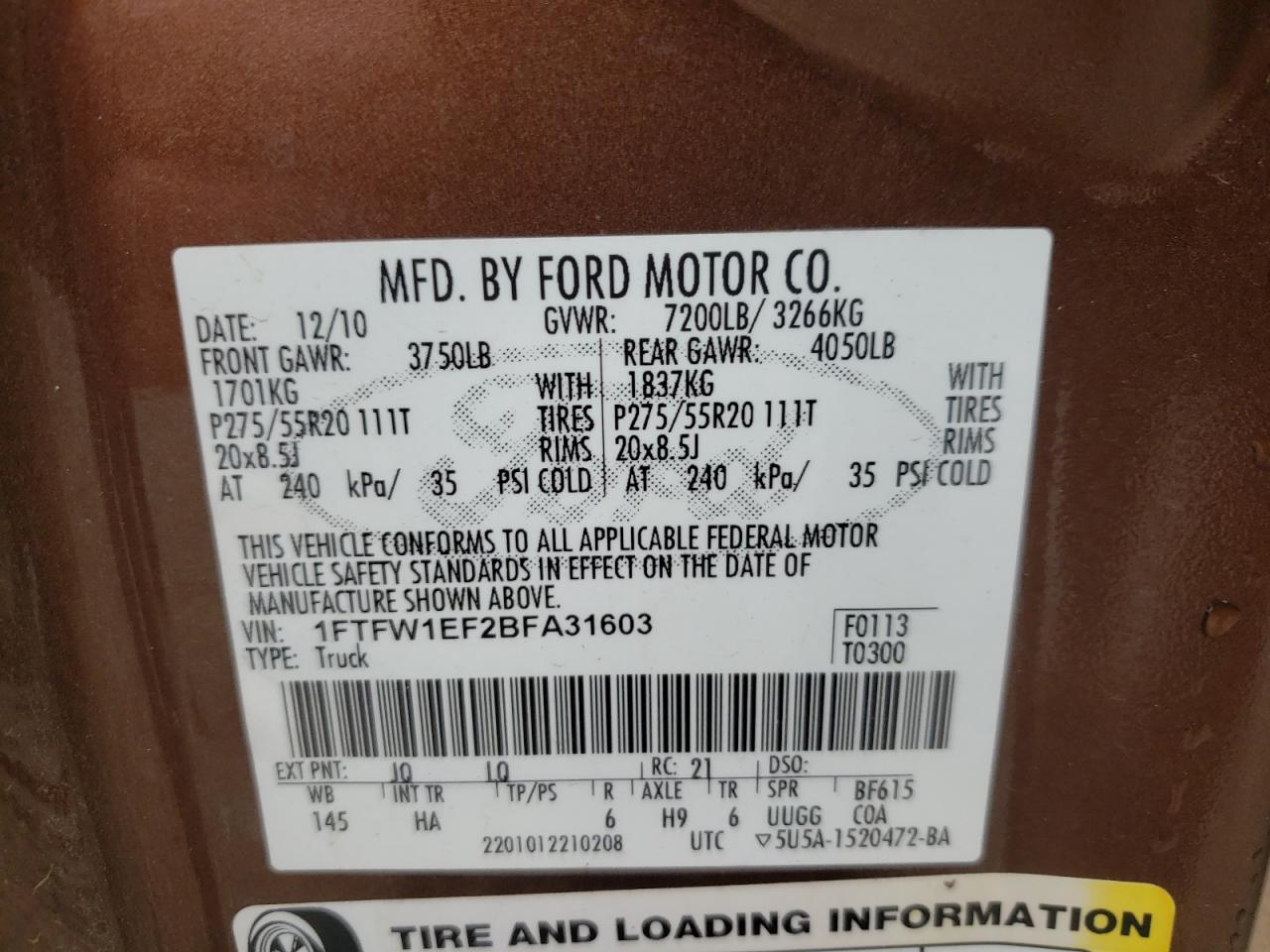 Photo 10 from auction – 2011 FORD F150 SUPER with VIN 1FTFW1EF2BFA31603