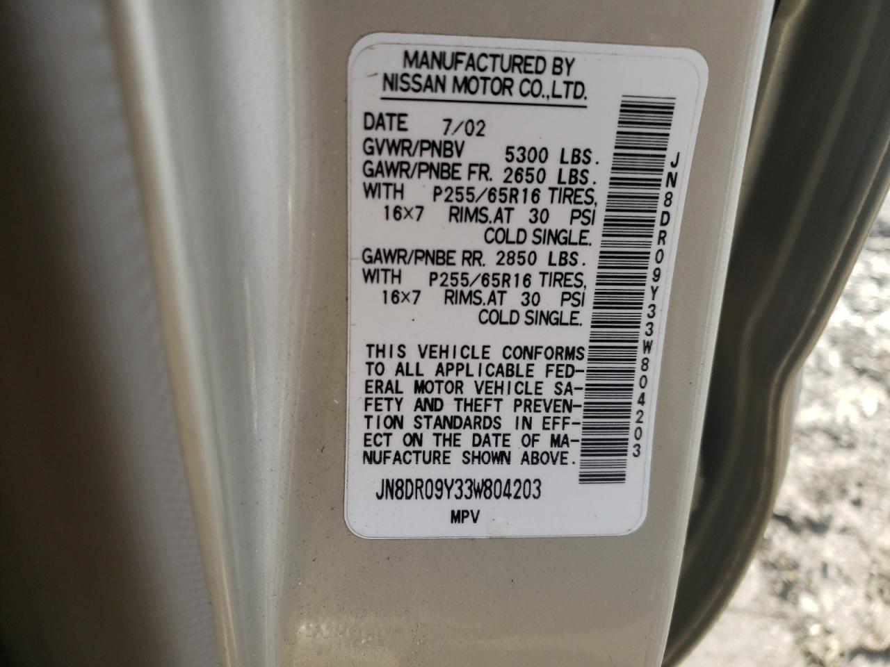 Photo 10 from auction – 2003 NISSAN PATHFINDER with VIN JN8DR09Y33W804203