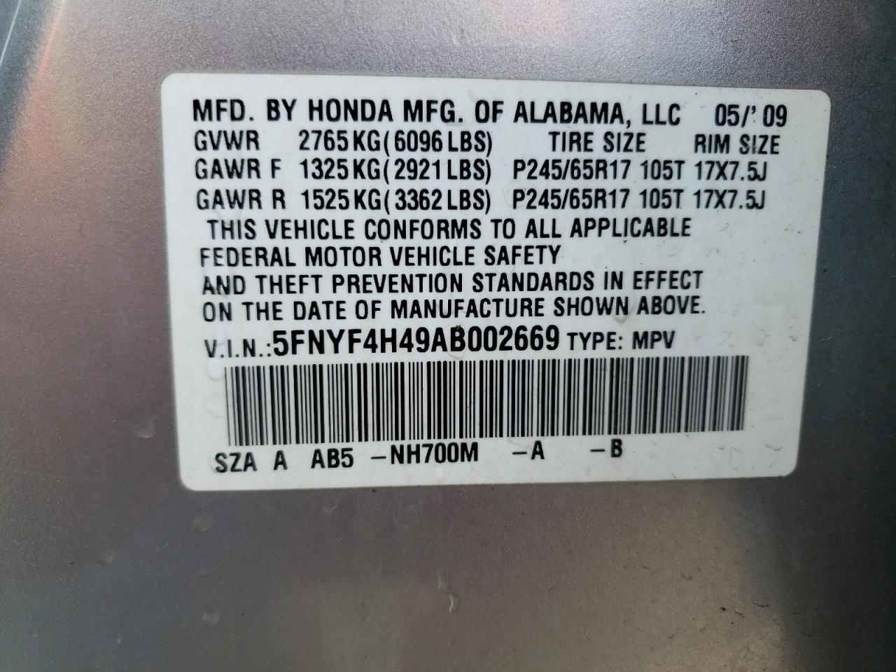 Photo 10 from auction – 2010 HONDA PILOT EX with VIN 5FNYF4H49AB002669