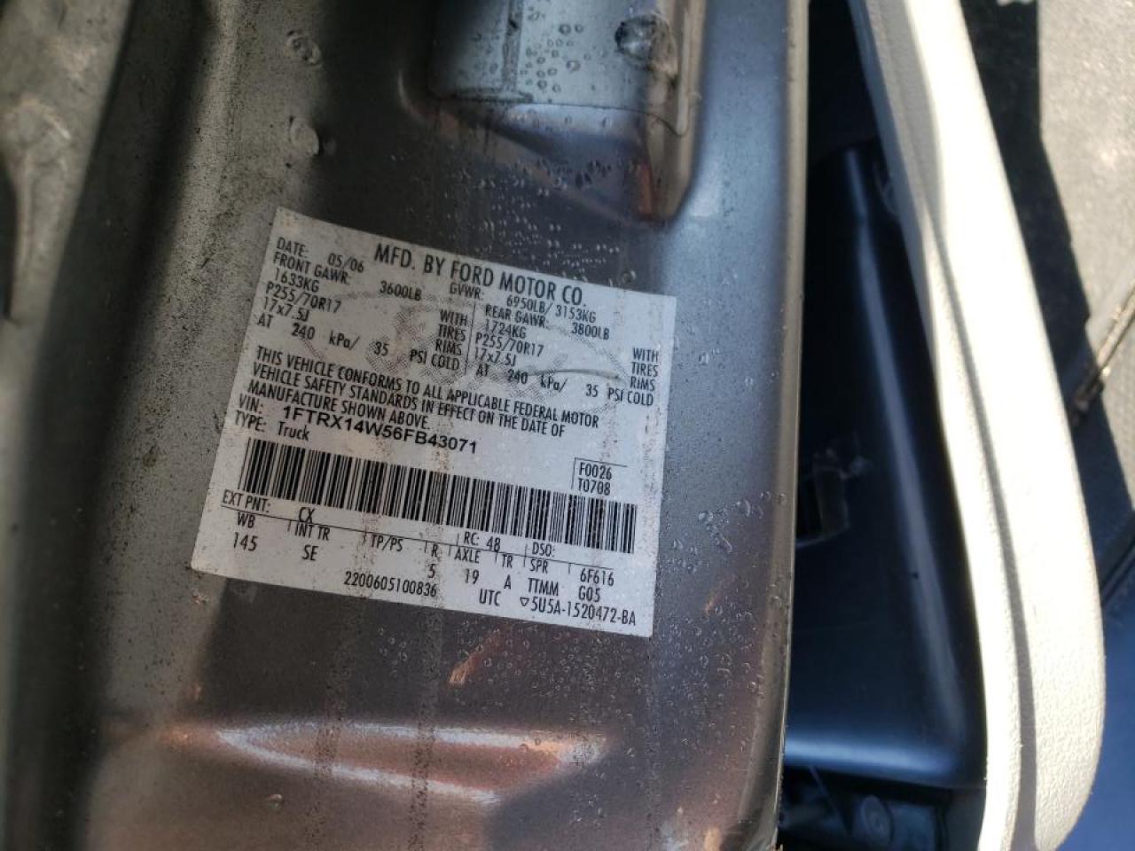 Photo 10 from auction – 2006 FORD F150 with VIN 1FTRX14W56FB43071