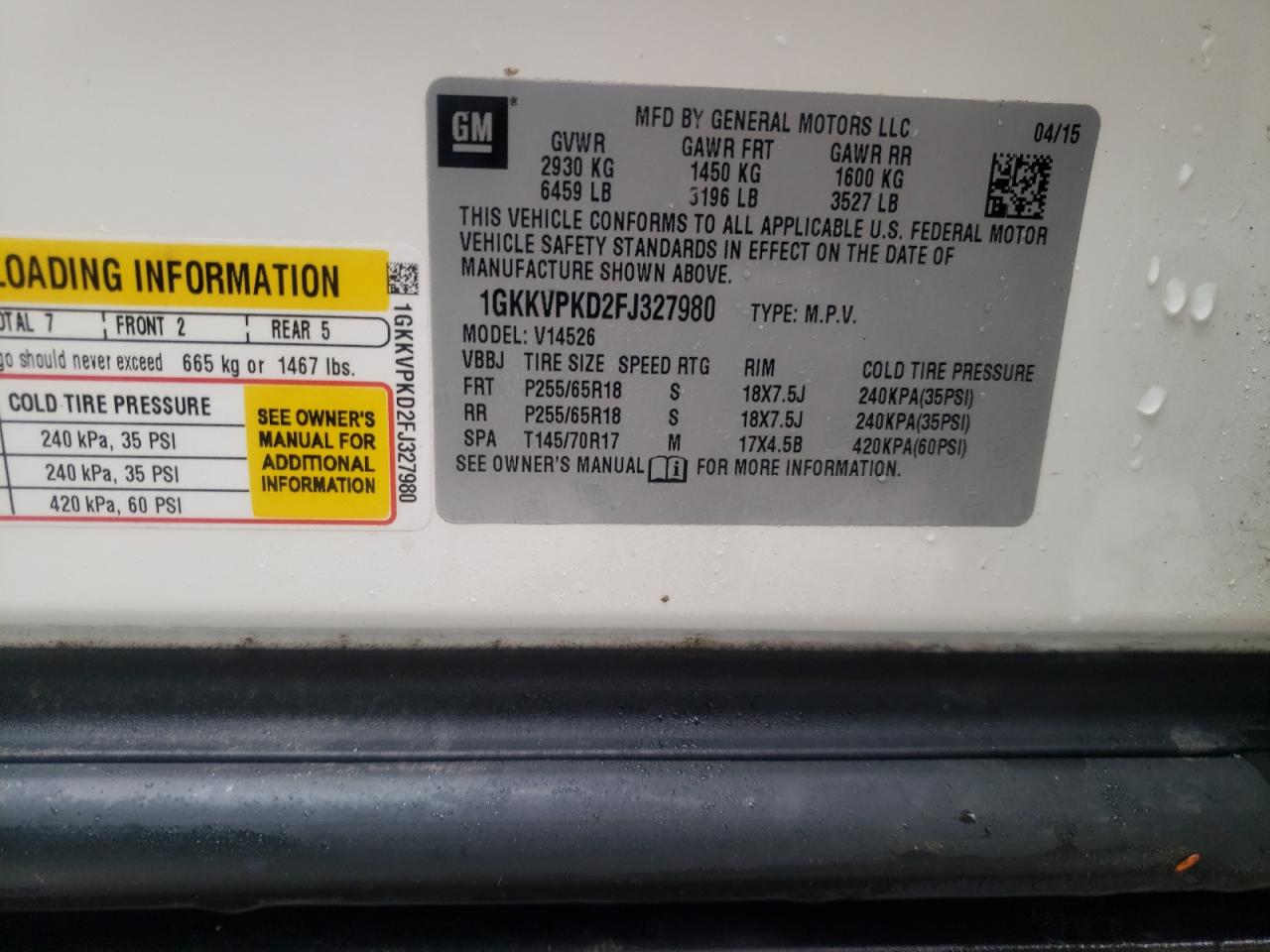 Photo 10 from auction – 2015 GMC ACADIA SLE with VIN 1GKKVPKD2FJ327980