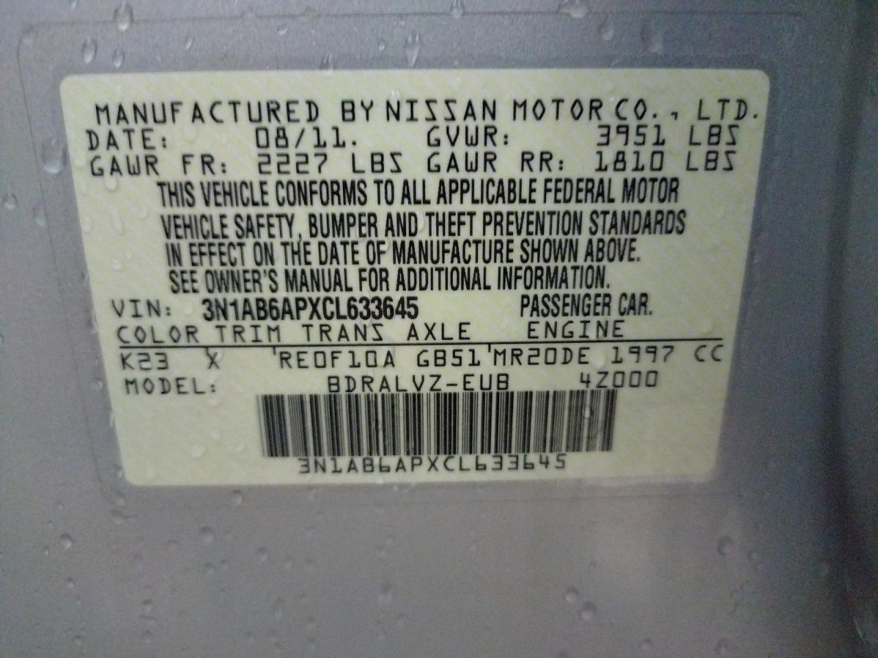 Photo 10 from auction – 2012 NISSAN SENTRA 2.0 with VIN 3N1AB6APXCL633645