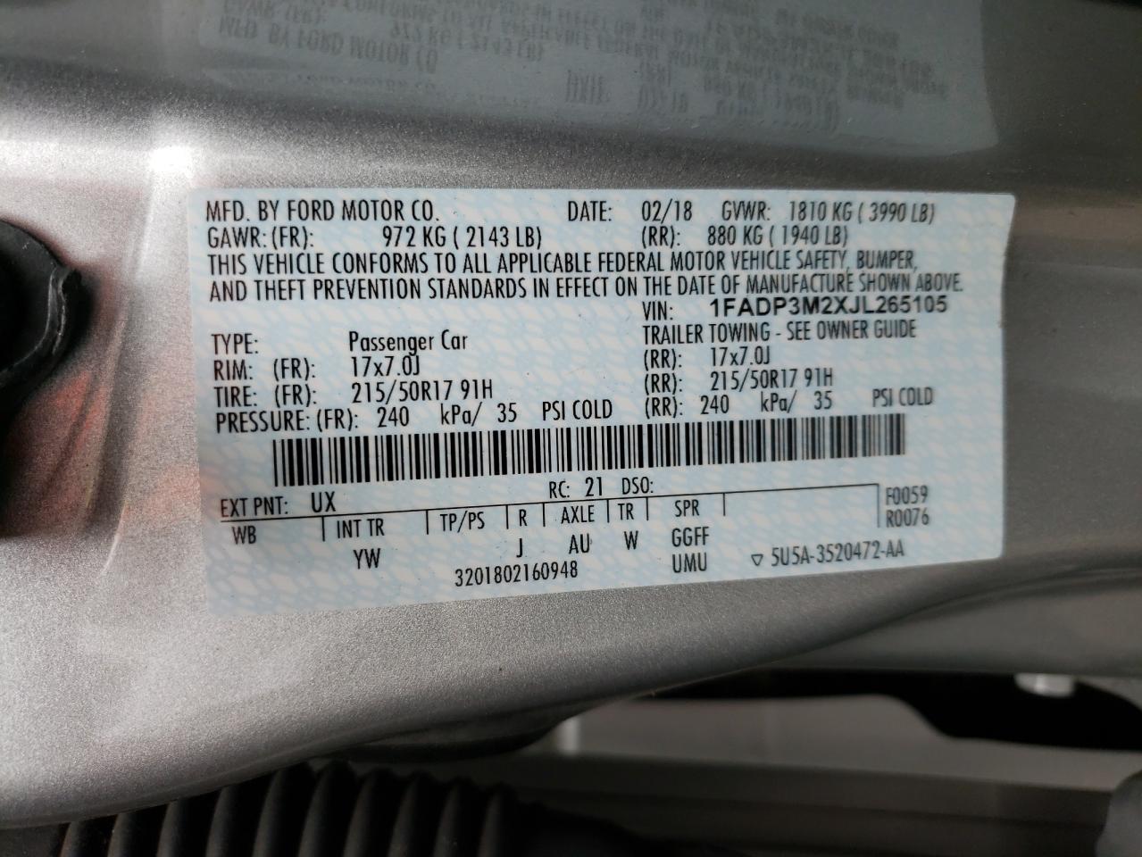 Photo 10 from auction – 2018 FORD FOCUS SEL with VIN 1FADP3M2XJL265105
