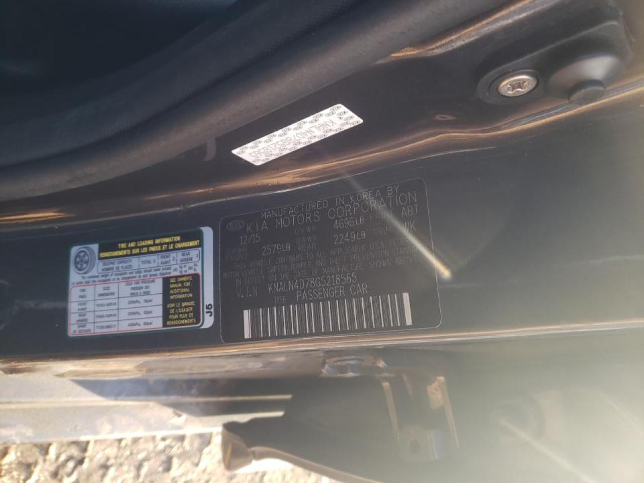 Photo 10 from auction – 2016 KIA CADENZA LU with VIN KNALN4D78G5218565
