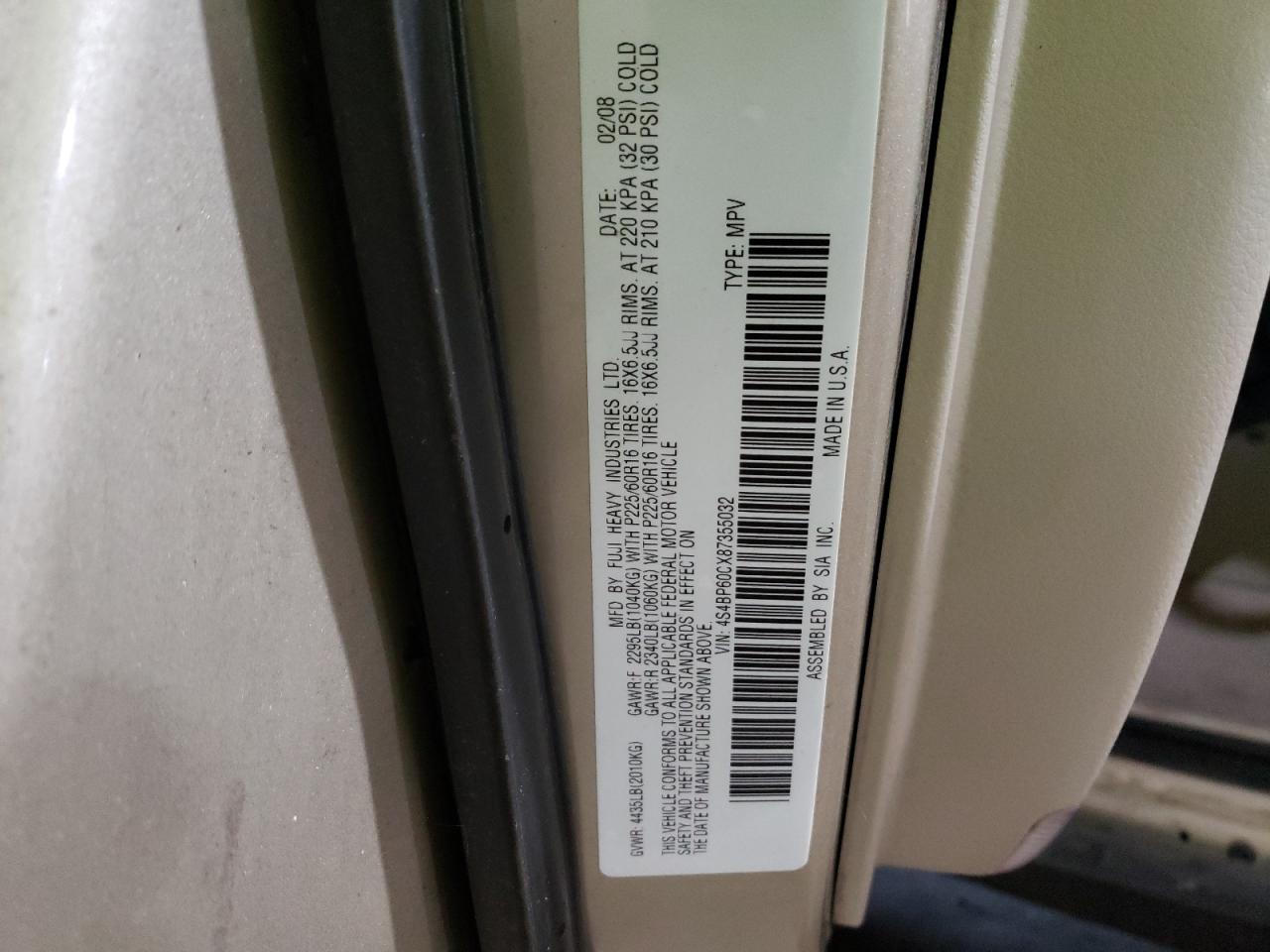 Photo 10 from auction – 2008 SUBARU OUTBACK with VIN 4S4BP60CX87355032