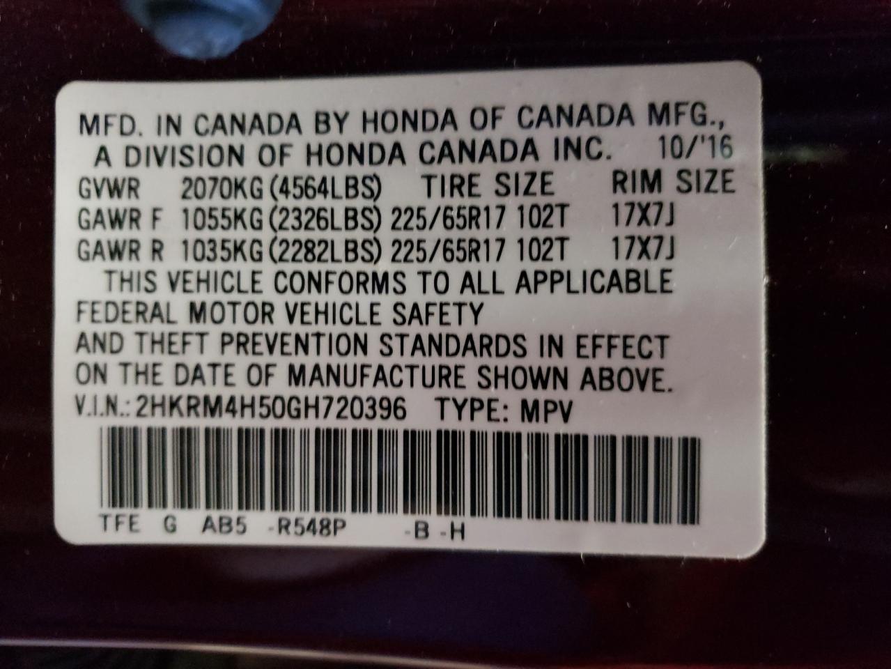 Photo 10 from auction – 2016 HONDA CR-V EX with VIN 2HKRM4H50GH720396