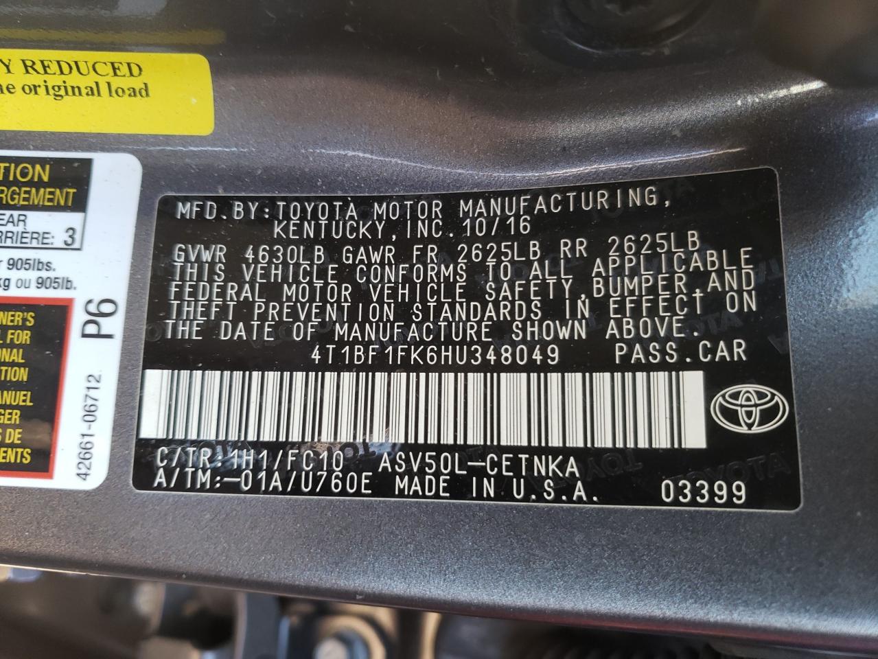 Photo 10 from auction – 2017 TOYOTA CAMRY LE with VIN 4T1BF1FK6HU348049