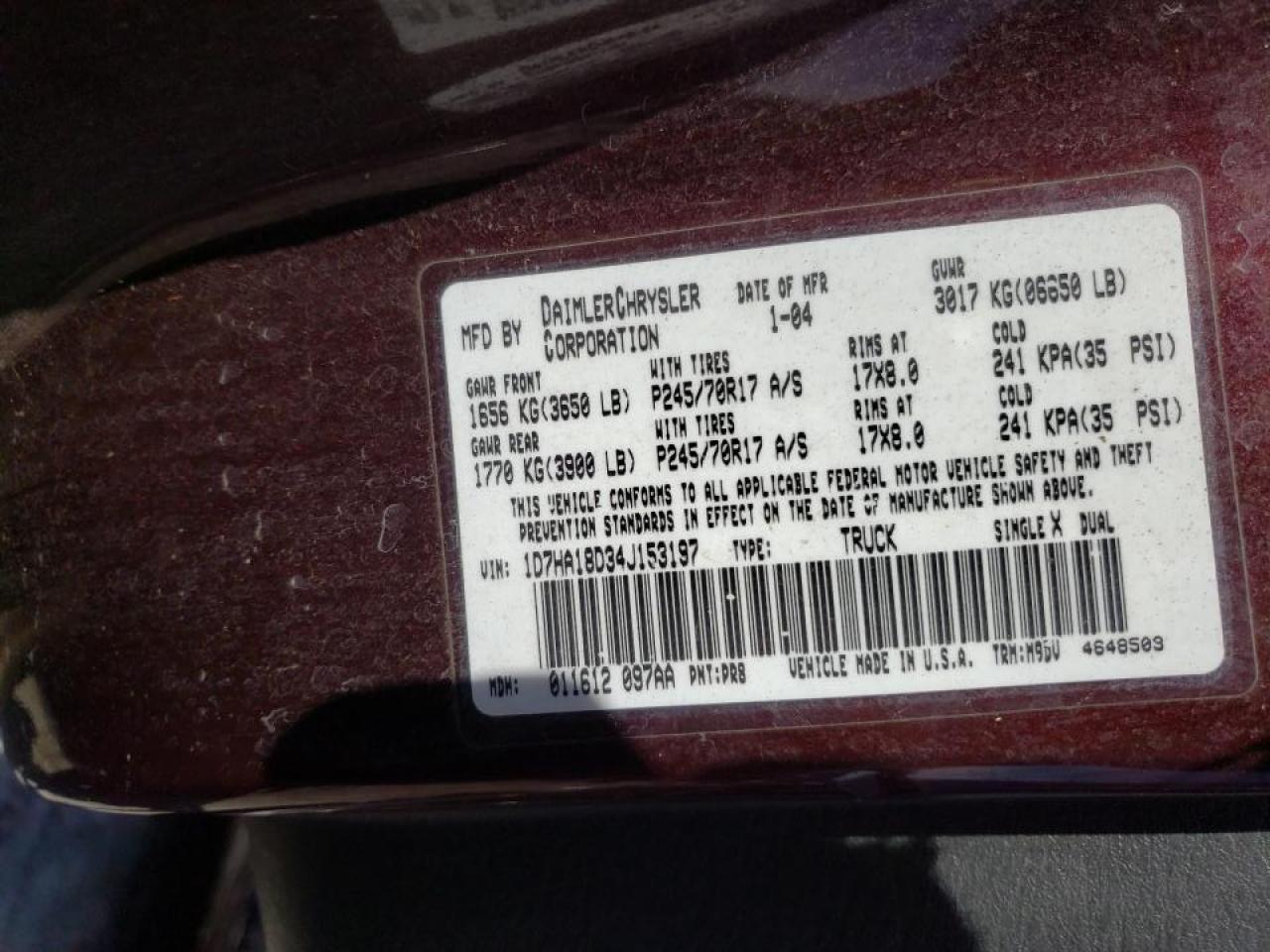 Photo 10 from auction – 2004 DODGE 1500 with VIN 1D7HA18D34J153197