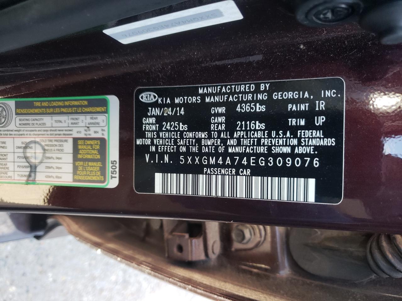 Photo 10 from auction – 2014 KIA OPTIMA LX with VIN 5XXGM4A74EG309076