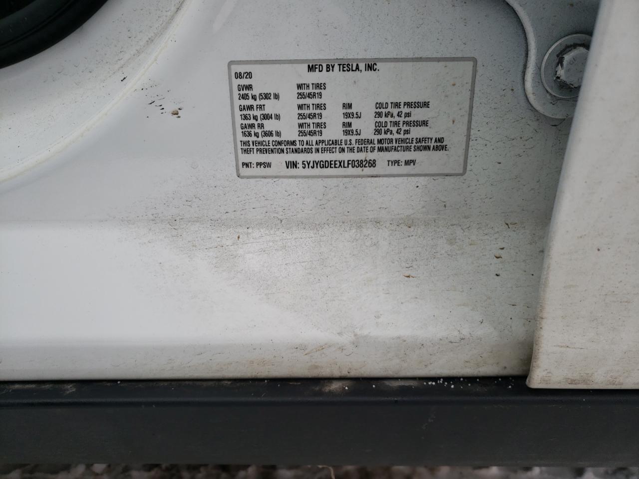 Photo 10 from auction – 2020 TESLA MODEL Y with VIN 5YJYGDEEXLF038268