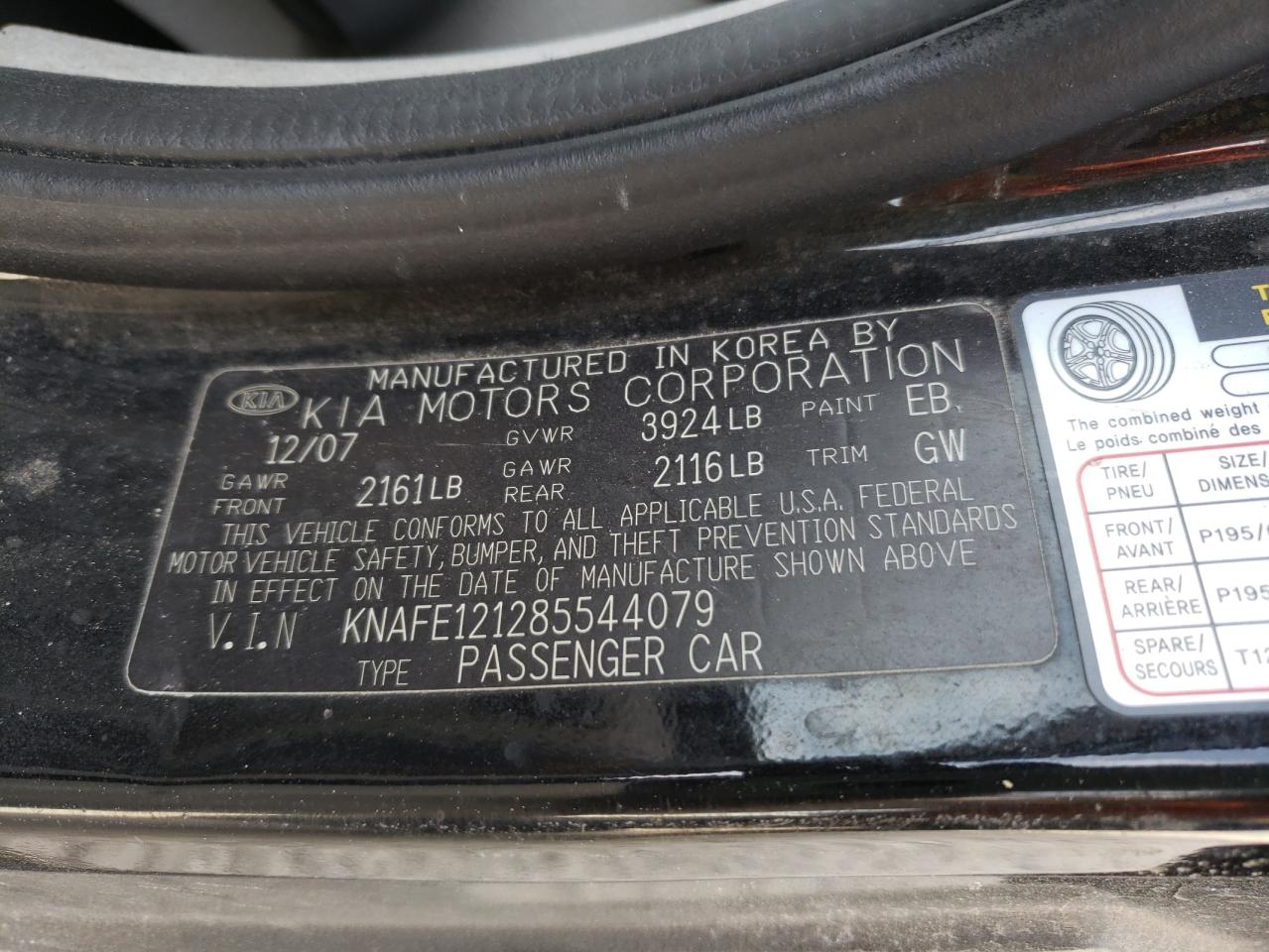 Photo 10 from auction – 2008 KIA SPECTRA EX with VIN KNAFE121285544079