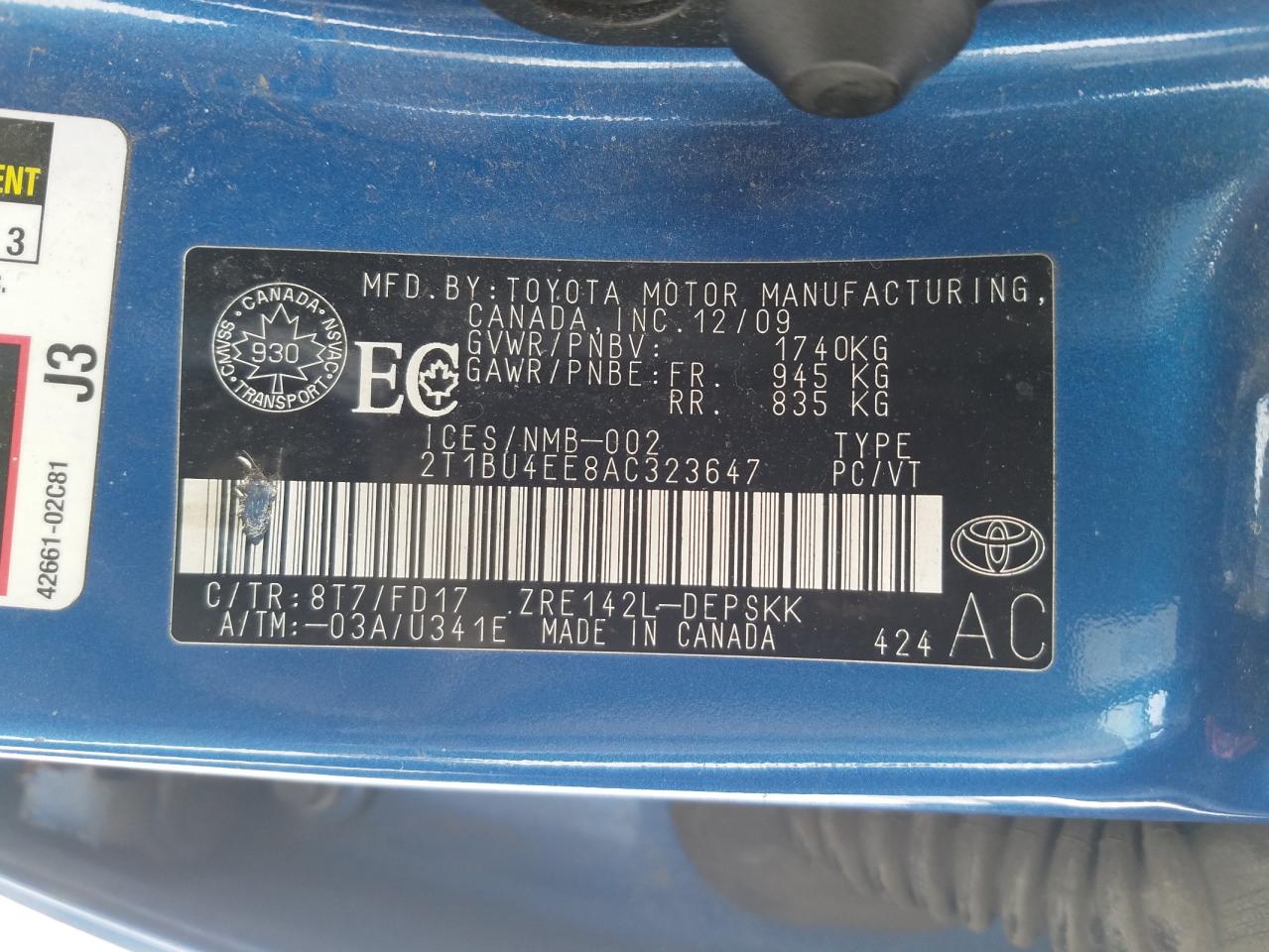 Zdjęcie 10 z aukcji – 2010 TOYOTA COROLLA BA z VIN 2T1BU4EE8AC323647