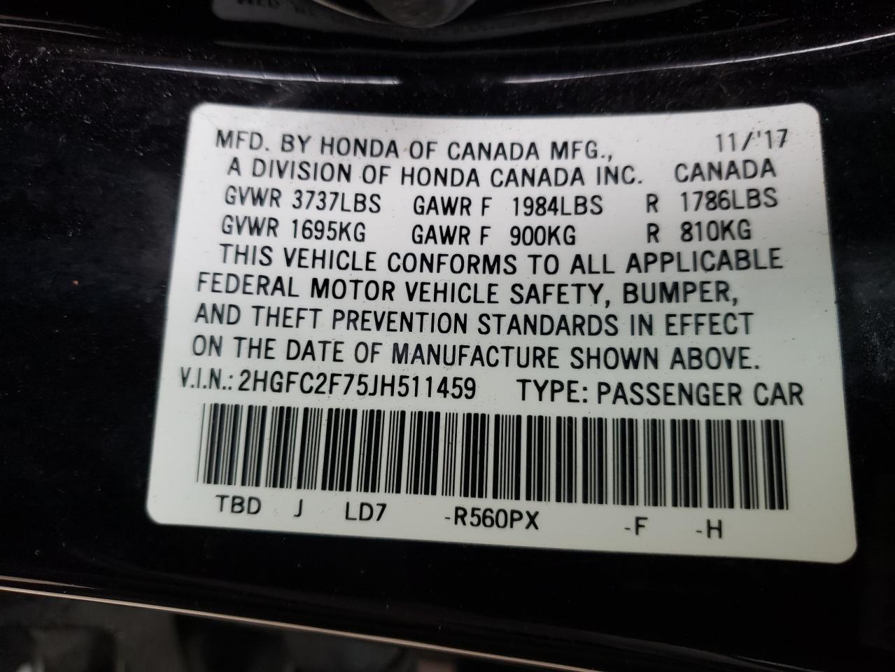 Photo 10 from auction – 2018 HONDA CIVIC EX with VIN 2HGFC2F75JH511459