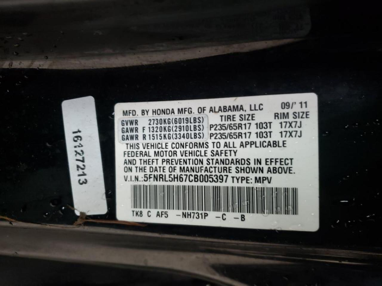 Photo 10 from auction – 2012 HONDA ODYSSEY EX with VIN 5FNRL5H67CB005397