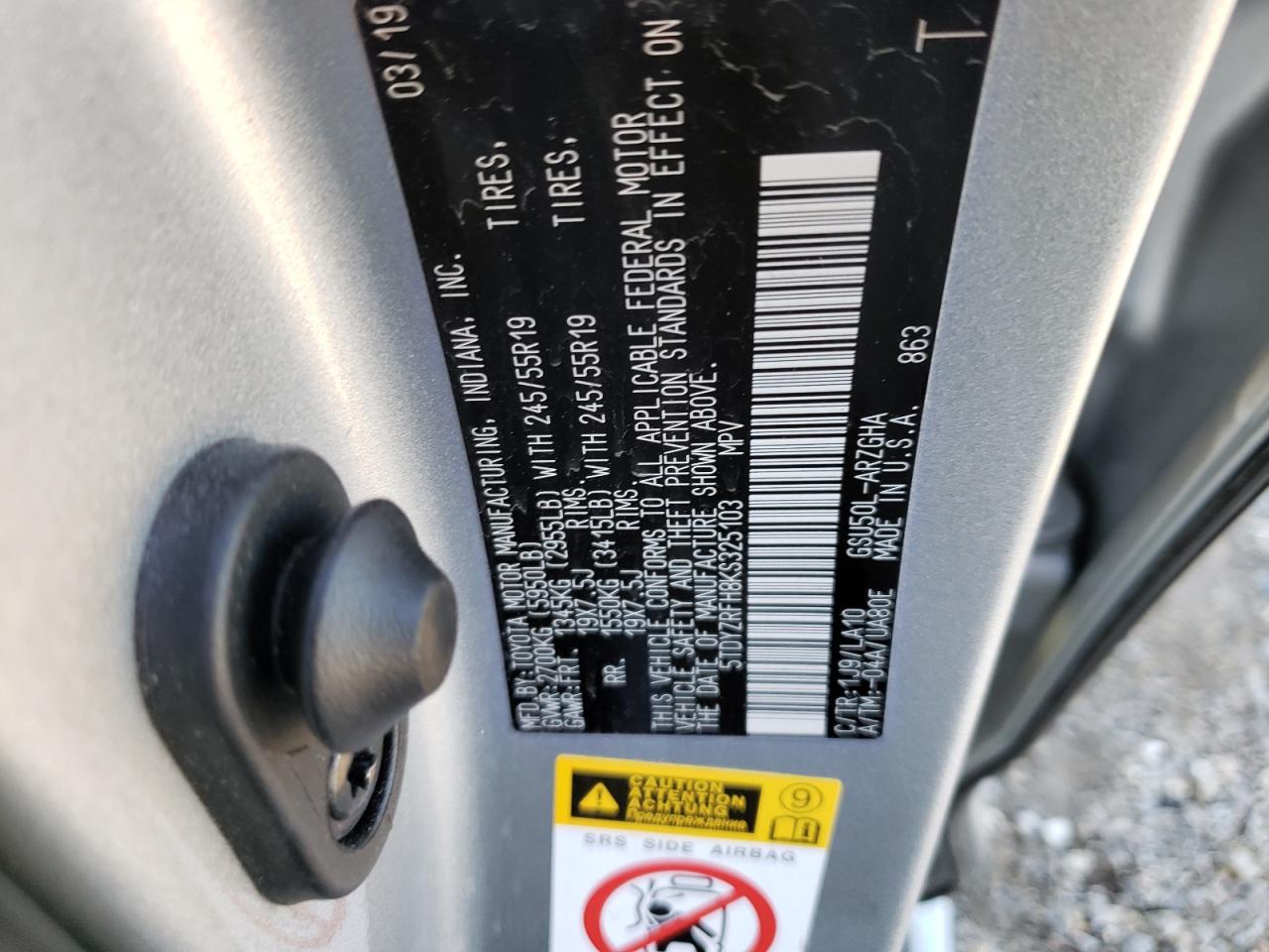 Photo 10 from auction – 2019 TOYOTA HIGHLANDER with VIN 5TDYZRFH8KS325103