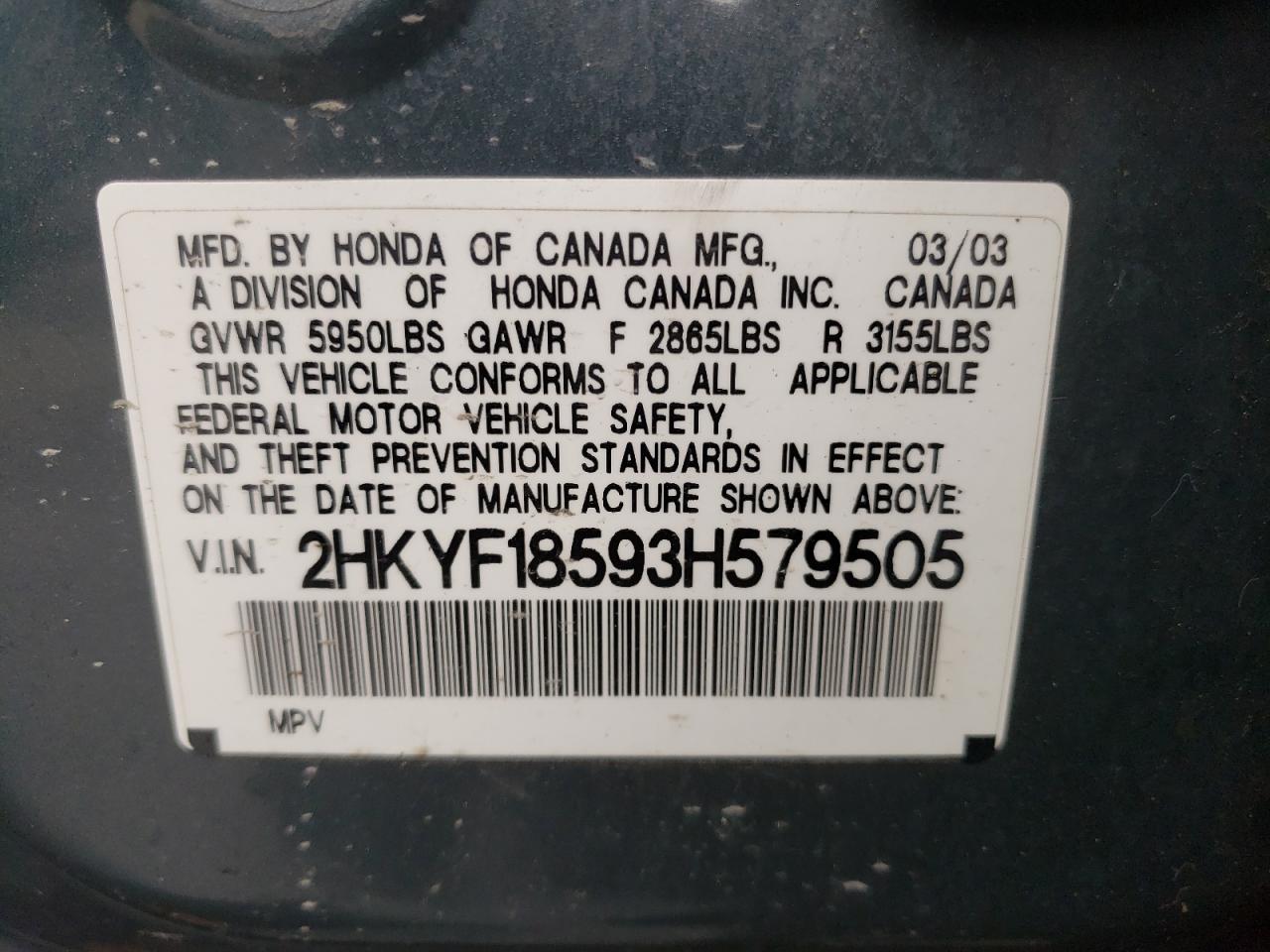 Photo 10 from auction – 2003 HONDA PILOT EXL with VIN 2HKYF18593H579505