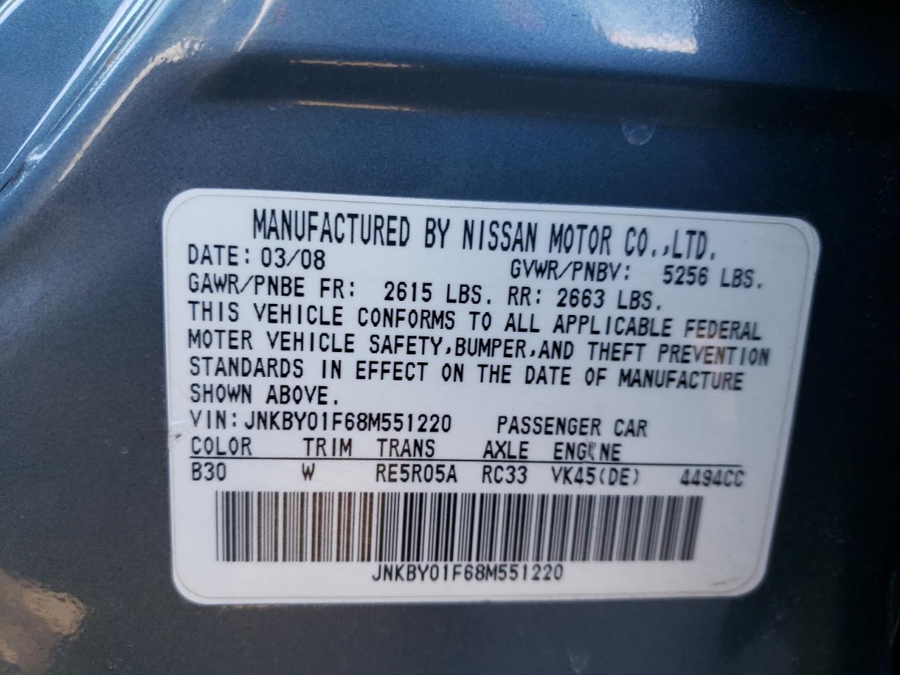 Photo 10 from auction – 2008 INFINITI M45 with VIN JNKBY01F68M551220