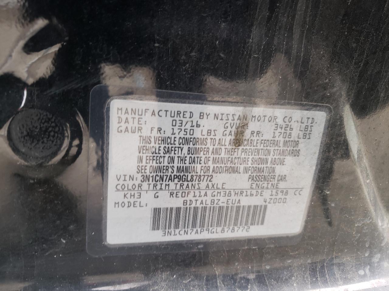 Photo 10 from auction – 2016 NISSAN VERSA with VIN 3N1CN7AP9GL878772