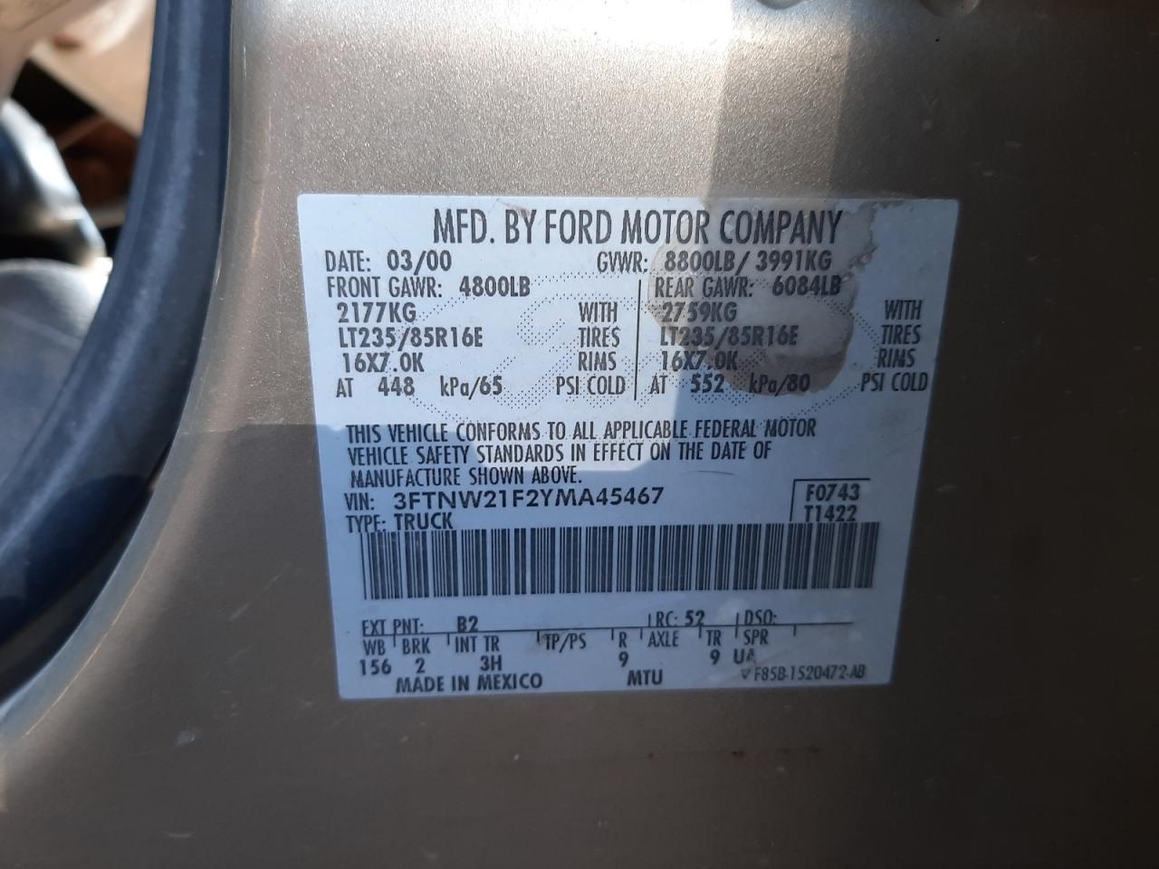 Photo 10 from auction – 2000 FORD F250 SUPER with VIN 3FTNW21F2YMA45467