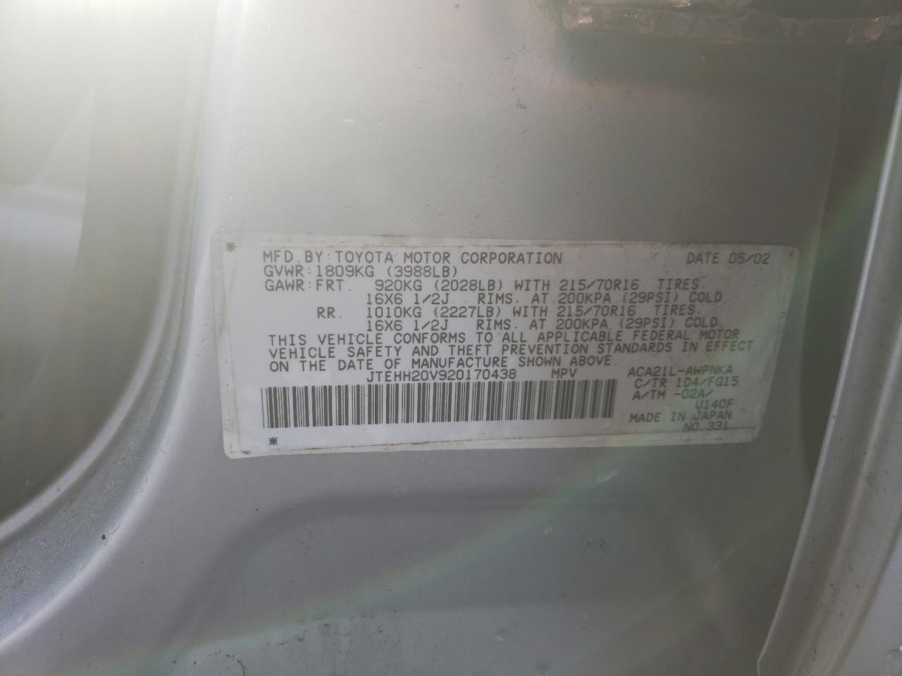 Photo 10 from auction – 2002 TOYOTA RAV4 with VIN JTEHH20V920170438