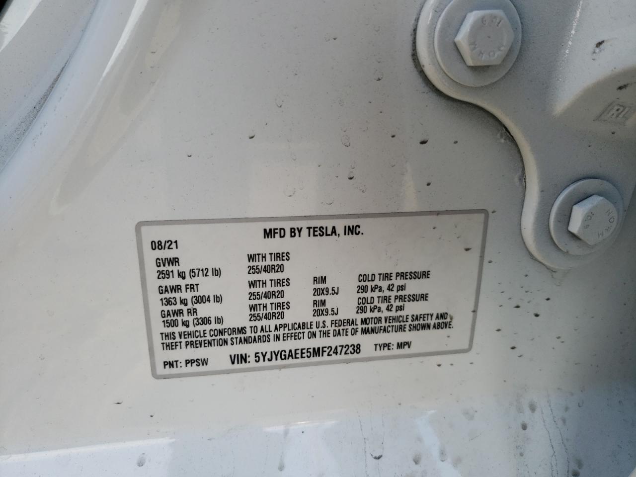 Photo 10 from auction – 2021 TESLA MODEL Y with VIN 5YJYGAEE5MF247238